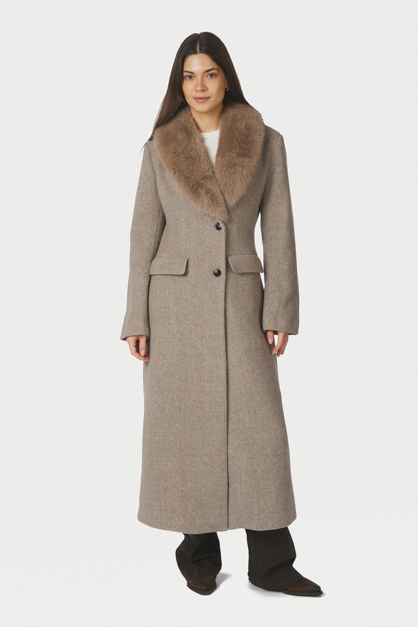 Corina Herringbone Twill uldfrakke – Beige Melange
